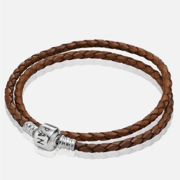 Pandora authentic Brown Leather Double Braided Bracelet 13.8” - Picture 1 of 6